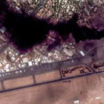 Satellite imagery of the smoke plume at Khartoum International Airport on Sunday.