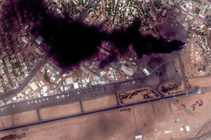 Satellite imagery of the smoke plume at Khartoum International Airport on Sunday.