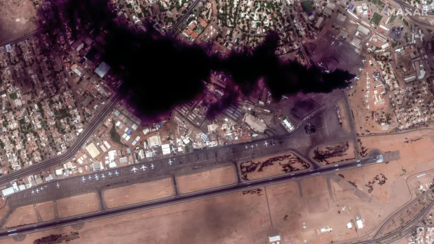 Satellite imagery of the smoke plume at Khartoum International Airport on Sunday.
