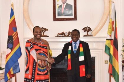His Majesty King Mswati III and Zimbabwe President Emmerson Mnangagwa shake hands during bilateral talks held at the Zimbabwe State House.