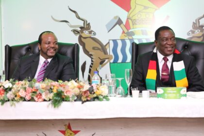 His Majesty King Mswati III and Zimbabwe President Emmerson Mnangagwa shake hands during bilateral talks held at the Zimbabwe State House.