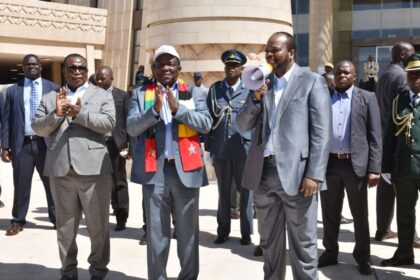 His Majesty King Mswati III addressing the gathering after his tour of the new Zimbabwe Parliament building.