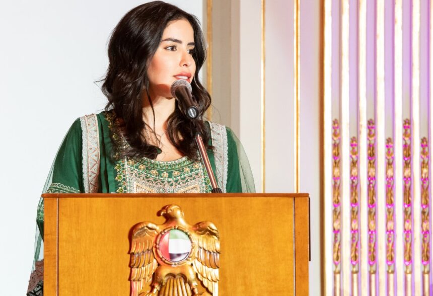 Hend Al Otaiba, UAE ambassador to France, speaks at the event in Paris. Wam