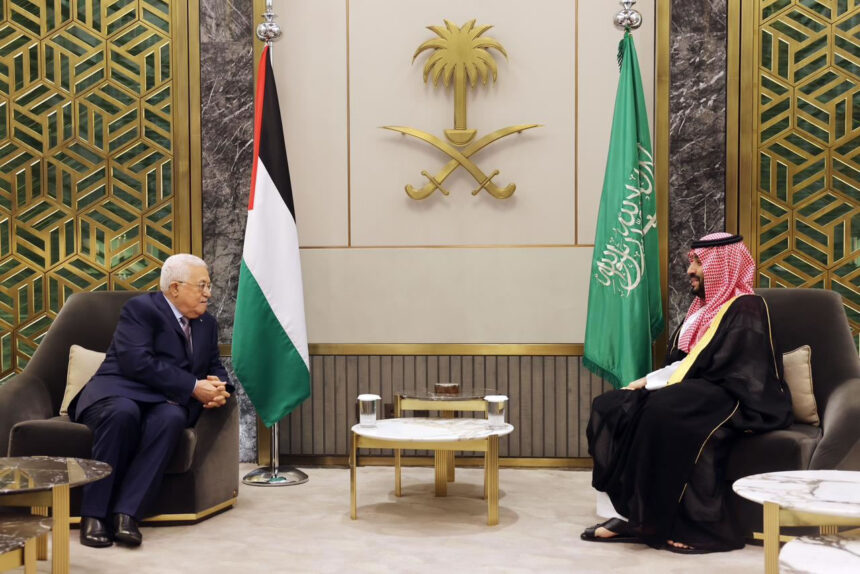 Palestinian President Mahmoud Abbas with Saudi Arabia's Crown Prince Mohammed bin Salman in Jeddah. SPA