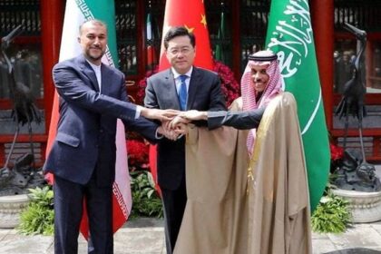 Iran's Foreign Minister Hossein Amirabdollahian with Saudi Foreign Affairs Minister Prince Faisal bin Farhan and Chinese Foreign Minister Qin Gang in Beijing. AFP