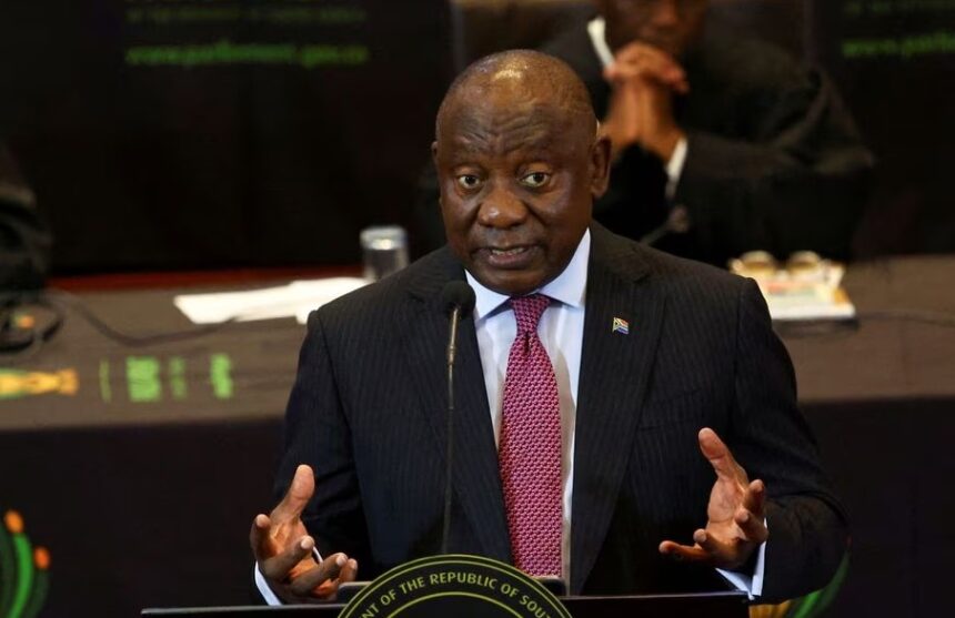 South African President Cyril Ramaphosa responds to a parliamentary debate on his state of the nation address in Cape Town, South Africa, February 16, 2023. REUTERS/Esa Alexander
