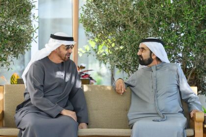President His Highness Sheikh Mohamed bin Zayed Al Nahyan meets with His Highness Sheikh Mohammed bin Rashid Al Maktoum, Vice-President, Prime Minister of the UAE, Ruler of Dubai and Minister of Defence, at Al Marmoum.