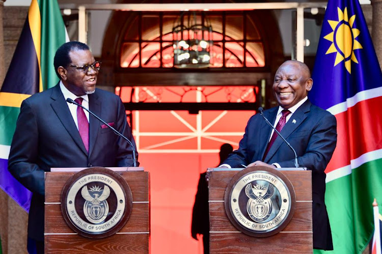 President Cyril Ramaphosa hosted Namibia's Hage Geingob on a state visit to the Union Buildings in Pretoria on Thursday. Image: GCIS.