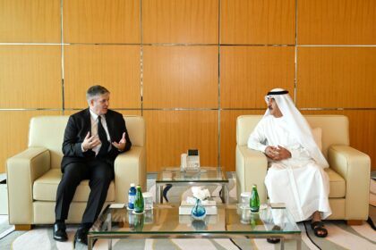 H.H. Sheikh Saud bin Rashid Al Mu'alla, the Supreme Council Member and Ruler of Umm Al Qaiwain, held a meeting today at the Emiri Court with Alexander Schönfelder, Ambassador of Germany to the UAE. Photo: WAM