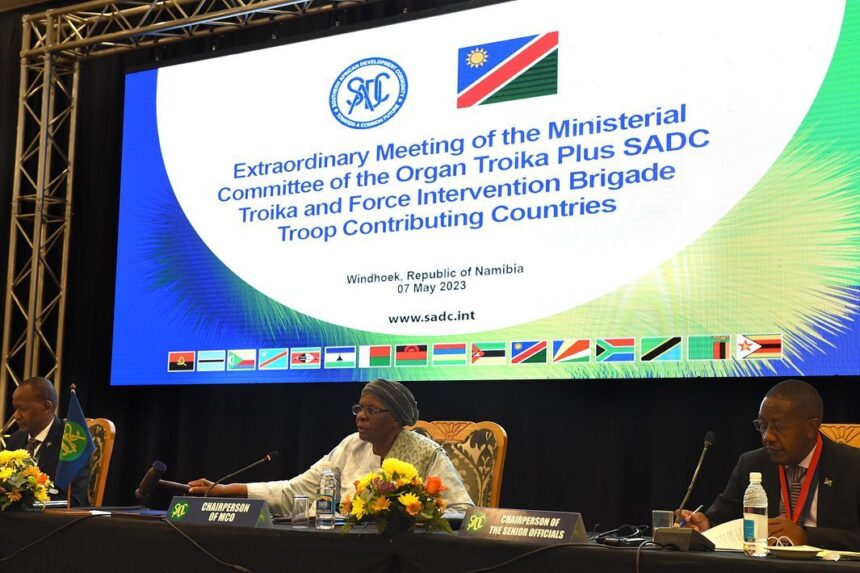 South African Defence Minister, Ms. Thandi Modise, accompanied by International Relations and Cooperation Deputy Minister, Ms. Candith Mashego-Dlamini and SA’s High Commissioner to Namibia, H.E Ms. Thenjiwe Mtintso attending the opening session of the Extraordinary meeting of the Organ Troika Ministerial Committee Plus SADC Troika and FIB TCCs in Windhoek, Namibia on March 7, 2023.