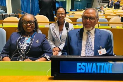 DPM Themba Masuku and his wife Dimpho follow proceedings during the High-level meeting on the Midterm Review of the Sendai Framework for Disaster Risk Reduction (DRR) 2015-2030 at the UN Headquarters in New York, USA. Photo: Eswatini Government