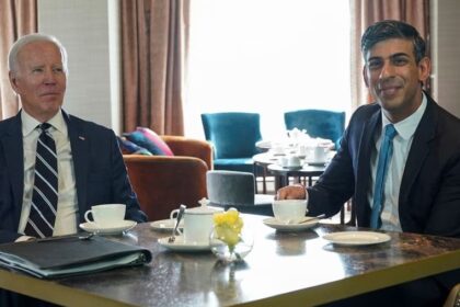 U.S. President Joe Biden meets British Prime Minister Rishi Sunak at the Grand Central Hotel, Belfast, Northern Ireland April 12, 2023. REUTERS/Kevin Lamarque