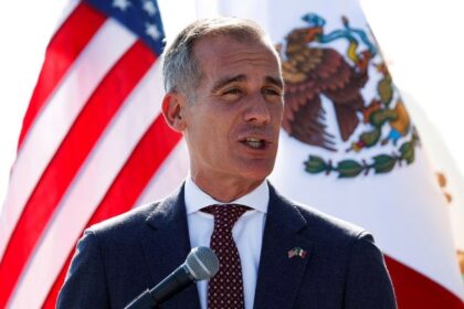 Los Angeles Mayor Eric Garcetti speaks during the opening ceremony of the "Wings of Los Angeles", a bronze sculpture presented by Mexico's government at Griffith Park, in Los Angeles, U.S., June 6, 2022. REUTERS/Daniel Becerril/File Photo