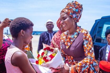 The First Lady of Burundi Her Excellency Madame Angeline Ndayishimiye being received at the Presidential Wing of Nnamdi Azikiwe International Airport Abuja