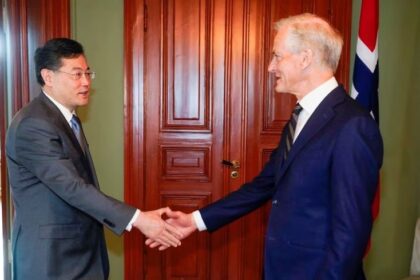 China's Foreign Minister Qin Gang meets Norway's Prime Minister Jonas Gahr Store in Oslo, Norway, May 12, 2023.