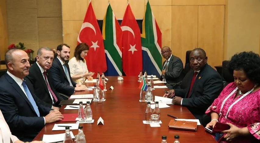 Recep Tayyip Erdogan met with President Cyril Ramaphosa at the summit of emerging powerhouse economies on July 27, 2018.