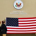 Solomon Islands Foreign Minister Colin Beck with U.S. officials at the Embassy re-opening in Honiara.