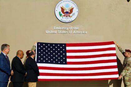 Solomon Islands Foreign Minister Colin Beck with U.S. officials at the Embassy re-opening in Honiara.