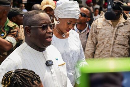 Sierra Leone's President Julius Maada Bio after casting his vote in national elections at a polling station in Freetown, Sierra Leone, June 24, 2023 [Cooper Inveen/Reuters]