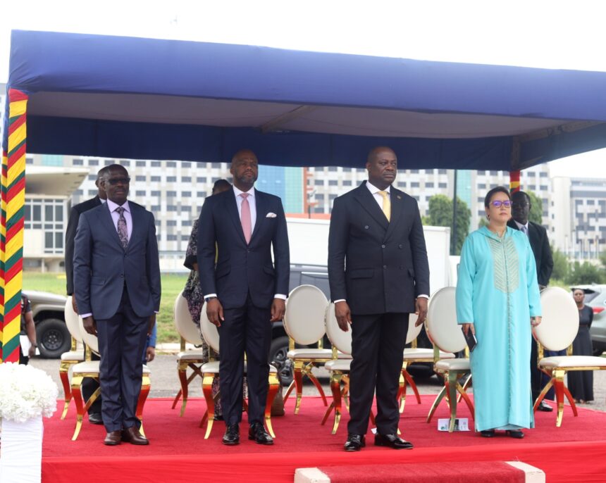 Foreign Ministry and stakeholders celebrate 60th AU Day with flag-raising ceremony and food bazaar. Theme: Accelerating AfCFTA implementation. Hon. Shirley Ayorkor Botchwey emphasizes importance for Africa's development. [Photo: MoFARI Ghana]
