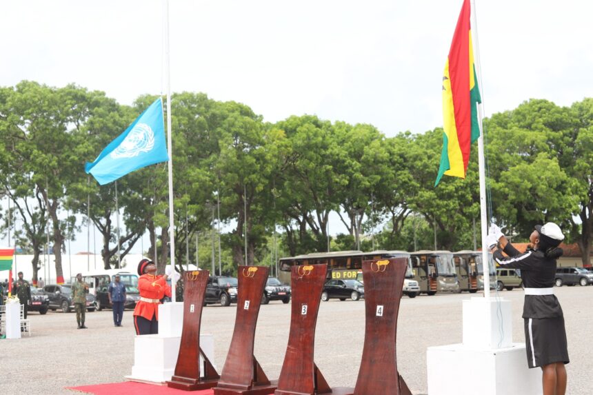 Commemorating the 75th International Day of United Nations Peacekeepers, a flag-raising, wreath-laying, and tree planting ceremony took place at the Forecourt of the State House in Accra on May 29, 2023. The event, held under the theme 'Peace Begins with Me: 75 Years of Peacekeeping,' honored the dedication of UN Peacekeepers. [Photo: MoFARI Ghana]