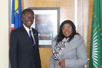 Dr. Charles Sagoe-Moses, outgoing World Health Organisation Country Representative, bade farewell to Honourable Jenelly Matundu, Deputy Minister of International Relations and Cooperation, after completion of his tenure of duties in Namibia. Photo: MoIRC Namibia