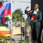] Zimbabwe President Emmerson Mnangagwa speaks at the handover of a fleet of medical emergency helicopters received from the Russian State Corporation, Rostec, at the Robert Mugabe International airport in Harare, Zimbabwe, May 18, 2023. REUTERS/Philimon Bulawayo/File photo