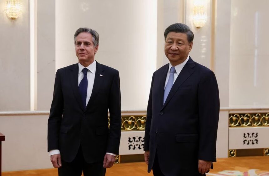 US Secretary of State Antony Blinken (L) attends a meeting with China’s President Xi Jinping at the Great Hall of the People in Beijing on June 19, 2023. Leah Millis