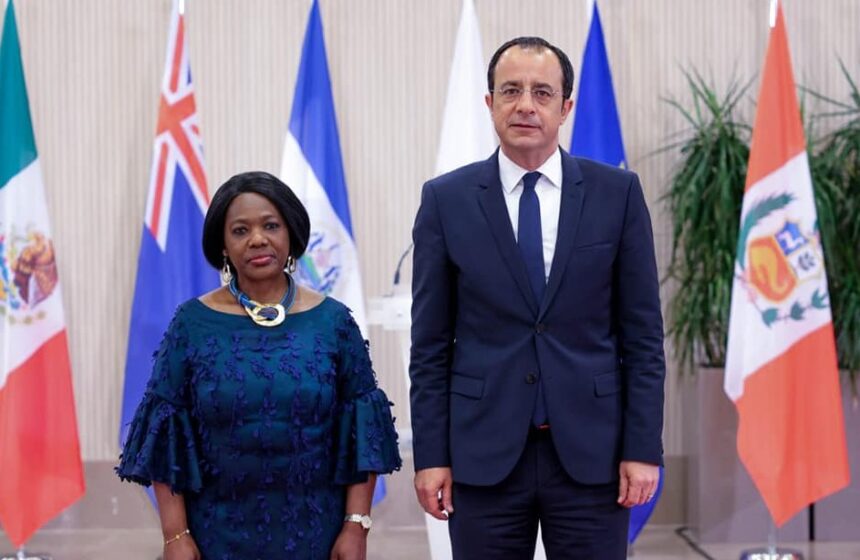 The Ambassador of the Republic of Zambia to the Republic of Italy and High Commissioner to the Republic of Cyprus on a non-residential basis, Mrs. Patricia Chisanga Kondolo presented Credentials to His Excellency Mr. Nikos Christodoulides, President of the Republic of Cyprus. Photo: MoFAIC Zambia