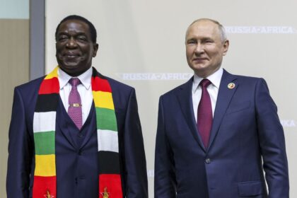 Emmerson Dambudzo Mnangagwa and Vladimir Putin.Photographer: Mikhail Metzel/POOL TASS Host Photo Agency/AP