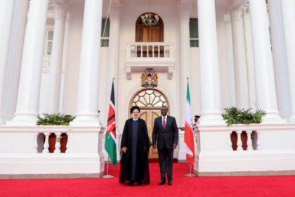 Kenya's President William Ruto meets Iranian President Ebrahim Raisi during his official visit at the State House in Nairobi, Kenya, on July 12, 2023 [Iran's Presidency/WANA (West Asia News Agency)/Handout via Reuters]
