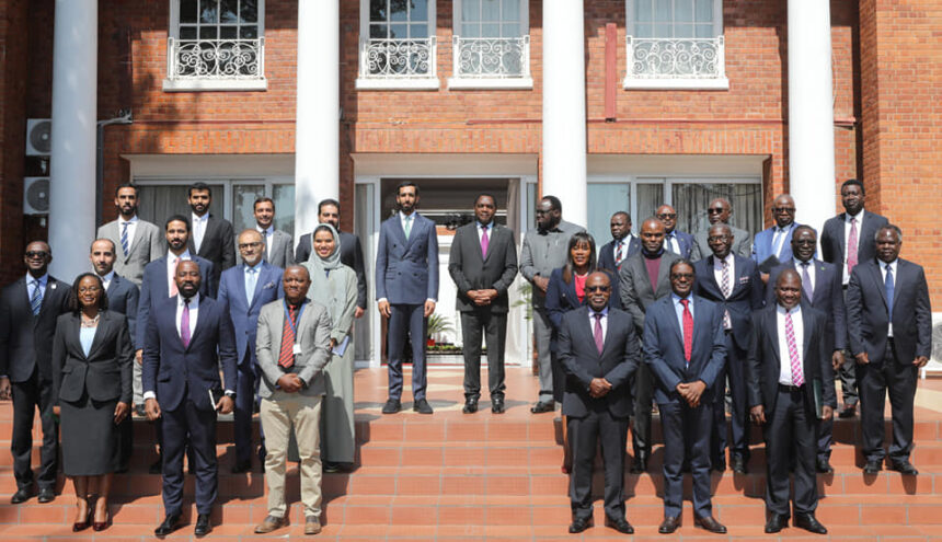 Hakainde Hichilema, President of the Republic of Zambia and Excellency Sheikh Shakhboot Bin Nahyan Al Nahyan, Minister of State in the Ministry of Foreign Affairs of the United Arab Emirates, along with his delegation. Photo: MoFAIC Zambia