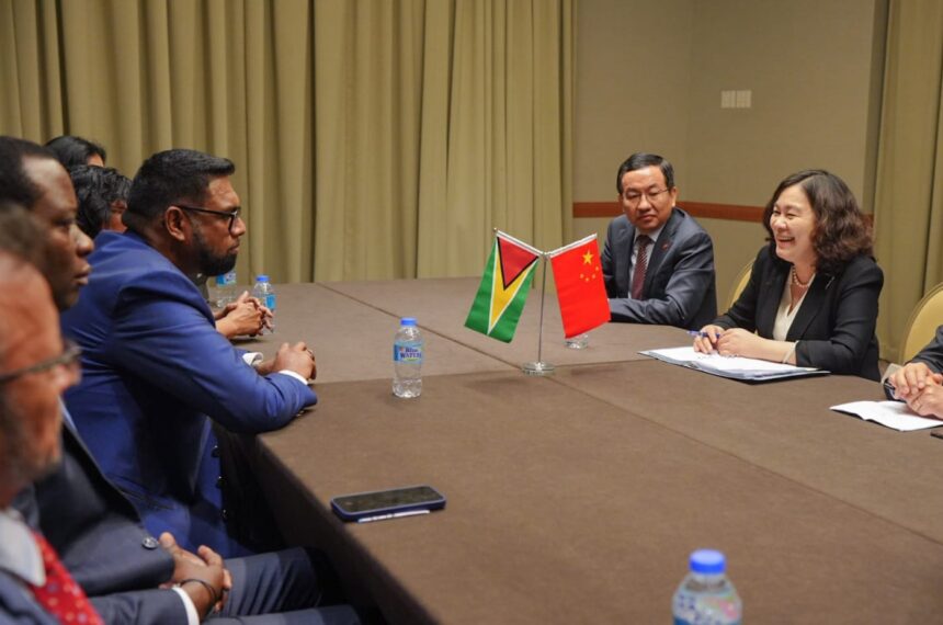 His Excellency President Dr Irfaan Ali held discussions with China's Assistant Minister of Foreign Affairs, Hua Chunying on Monday evening on the sidelines of the CARICOM Heads of Government meeting at the Hyatt Regency Hotel in Port of Spain. Photo: MoFAIC Guyana