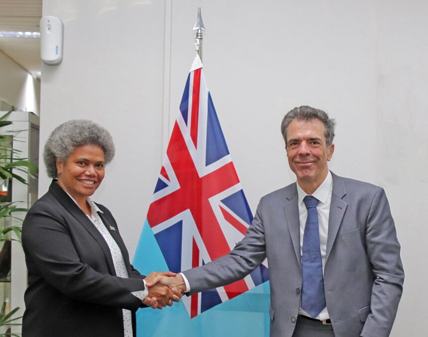 Fiji's Assistant Minister for Foreign Affairs Honourable Lenora Qereqeretabua and the French Ambassador to Fiji Mr. François-Xavier Léger. Photo: Fiji Government