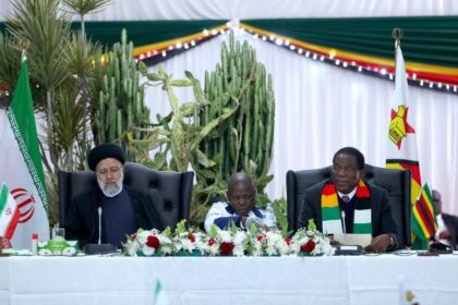 Iranian President Ebrahim Raisi meets Zimbabwean President Emmerson Mnangagwa at the State House in Harare, Zimbabwe, on July 13, 2023. Iran's Presidency/Mohammad Javad Ostad/WANA (West Asia News Agency)/Handout via REUTERS
