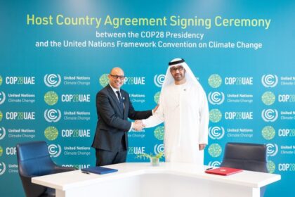 The agreement was signed by Dr. Sultan bin Ahmed Al Jaber, Minister of Industry and Advanced Technology and COP28 President-Designate, and UNFCCC Executive Secretary Simon Stiell, during a meeting in Abu Dhabi. Photo: WAM