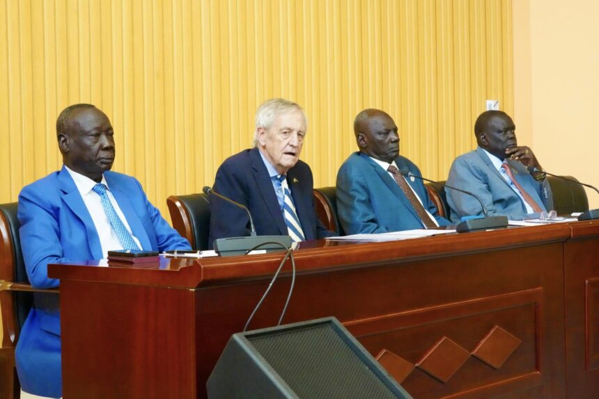 Hon. Michael Makuei Lueth, the Acting Minister of Foreign Affairs, Hon. Deng Dau Deng; the SRSG/Head of UNMISS in South Sudan, Nicholas Haysom, the Managing Director of the Media Authority, Elijah Alier, and the Director General of the National Communication Authority (NCA), Eng. Napoleon Adok Gai. Photo: MOFAIC South Sudan