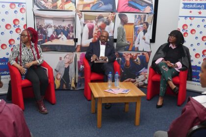 Ambassador Reuben Brigety,Professor Ntebogeng Mokgalaka Fleischman, Busisiwe Mahlangu at the Mae Jemison "Mae J" Reading Room at our American Space in Mamelodi. Photo: US Embassy South Africa