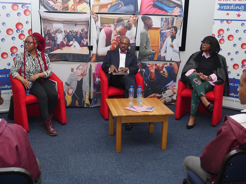 Ambassador Reuben Brigety,Professor Ntebogeng Mokgalaka Fleischman, Busisiwe Mahlangu at the Mae Jemison "Mae J" Reading Room at our American Space in Mamelodi. Photo: US Embassy South Africa