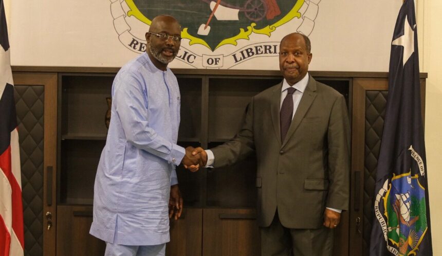 H.E. Georges Weah, President of Liberia, The Special Representative of the Secretary-General and Head of the United Nations Office for West Africa and the Sahel (UNOWAS), Leonardo Santos Simão. Photo: UNOWAS