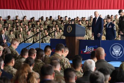 President Joe Biden delivers remarks to service members, first responders, and their families on the 22nd anniversary of the September 11, 2001 attacks, at Joint Base Elmendorf-Richardson in Anchorage, Alaska, on Monday.