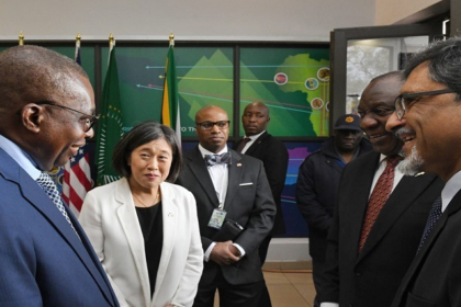 US Trade Representative Katherine Tai, Reuben E. Brigety II US Ambassador to South Africa, President Cyril Ramaphosa and Ebrahim Patel Minister of Trade and Industry of South Africa
