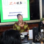 High Commissioner Macenje Mazoka engaging UK travel writers at an event in London on Tuesday evening. Photo: Zambia HC London