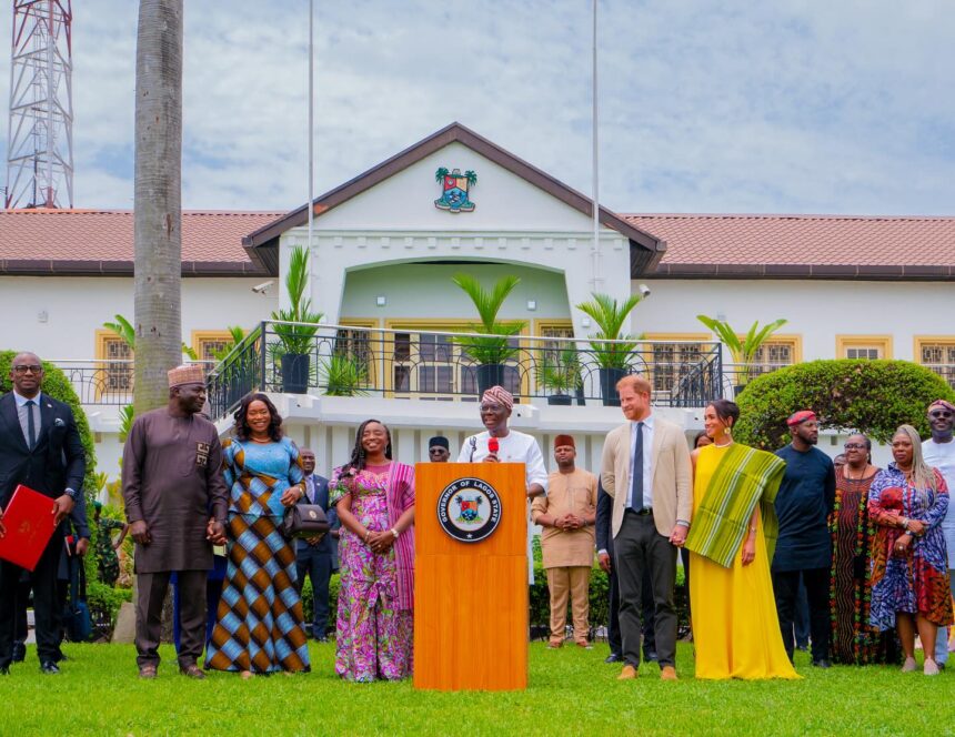 Lagos State Governor Babajide Sanwo-Olu met with Prince Harry and Meghan Markle, the Duke and Duchess of Sussex, during their visit to Nigeria. Photo: LASG