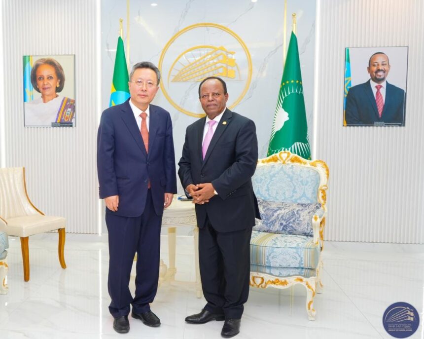 H.E. Ambassador Taye Atske Selassie , Foreign Minister of the Federal Democratic Republic of Ethiopia, bids farewell to the Ambassador of the People’s Republic of China, H.E. Ambassador Zhao Zhiyuan, who completed his tour of duty in Ethiopia. Photo: MoFA Ethiopia