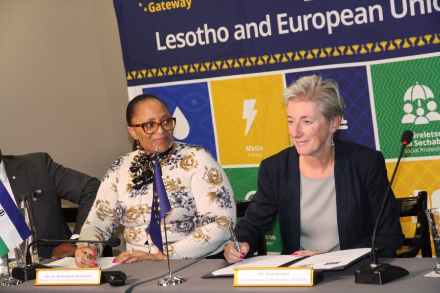 Honourable Minister of Finance and Development Planning, Dr. Rets'elisitsoe Matlanyane and on behalf of The EU Delegation to The Kingdom of Lesotho, Her Excellency Ambassador Paola Amadei. Photo: MoFAIR Lesotho