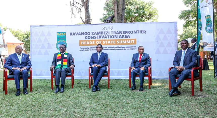 Hakainde Hichilema, President of the Republic of ZambiaPresident Dr. Emmerson Dambudzo Mnangagwa of the Republic of Zimbabwe, President Dr. Nangolo Mbumba of the Republic of Namibia, His Honor Mr. Slumber Tsogwane, the Vice President of the Republic of Botswana, and the Minister responsible for Tourism from the Republic of Angola at the inaugural Kavango Zambezi (KAZA) Transfrontier Conservation Area (TFCA) Heads of State Summit.