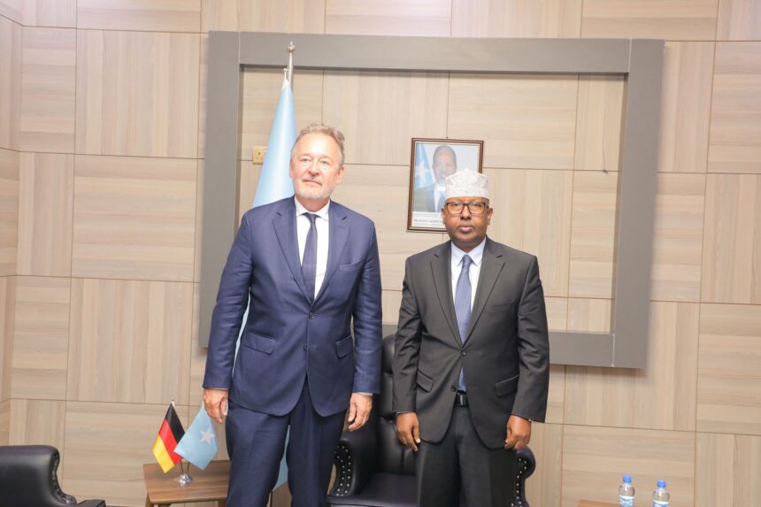 Mogadishu, May 27, 2024 - The Minister of Foreign Affairs and International Cooperation, H.E. Amb. Ahmed Moallim Fiqi Ahmed, received on Monday in his office at the ministry in the capital, Mogadishu, a German delegation headed by the Director for Sub-Saharan Africa and the Sahel at the German Federal Foreign Office, H.E. Amb. Christoph Retzlaff. Photo: MoFA Somalia