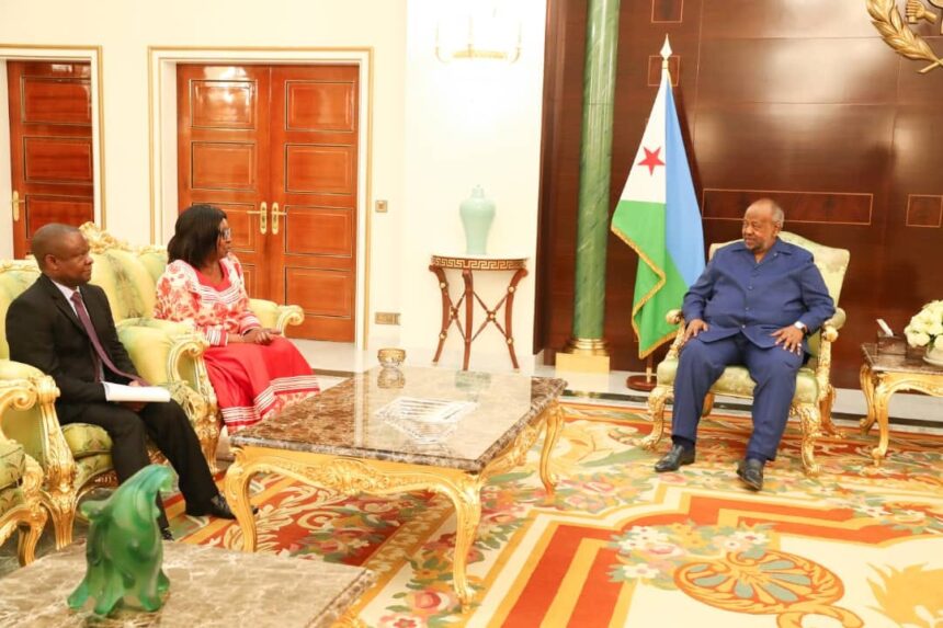 Zambia’s Ambassador to Ethiopia, Mrs. Rose Sakala present her Letters of Credence to the President of the Republic of Djibouti His Excellency Ismail Omar Guelleh. Photo: MoFAIC Zambia