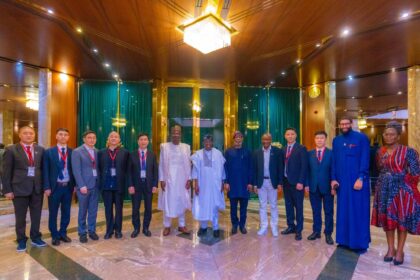 President Bola Tinubu with Governor Abdullahi Sule of Nasarawa State, who was accompanied by Mr. Hi Yongwei, Chairman of Avatar New Energy Materials Company Limited, and Mr. Zhenhua Pei, Chairman, Canmax Technologies on Friday in Abuja. Photo: X.com/@DOlusegun